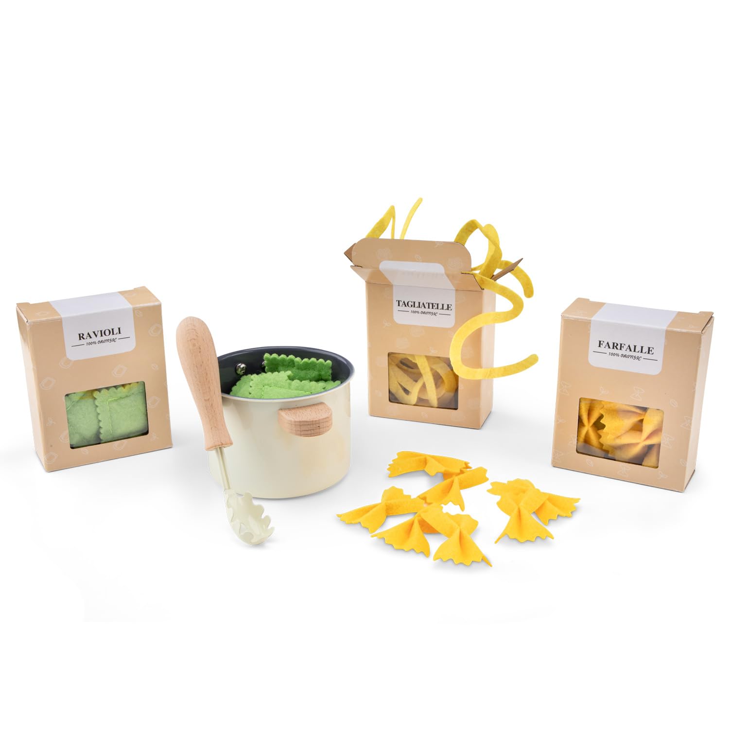 Woet Holz-Pasta-Kochset mit Spiellebensmitteln aus Filz