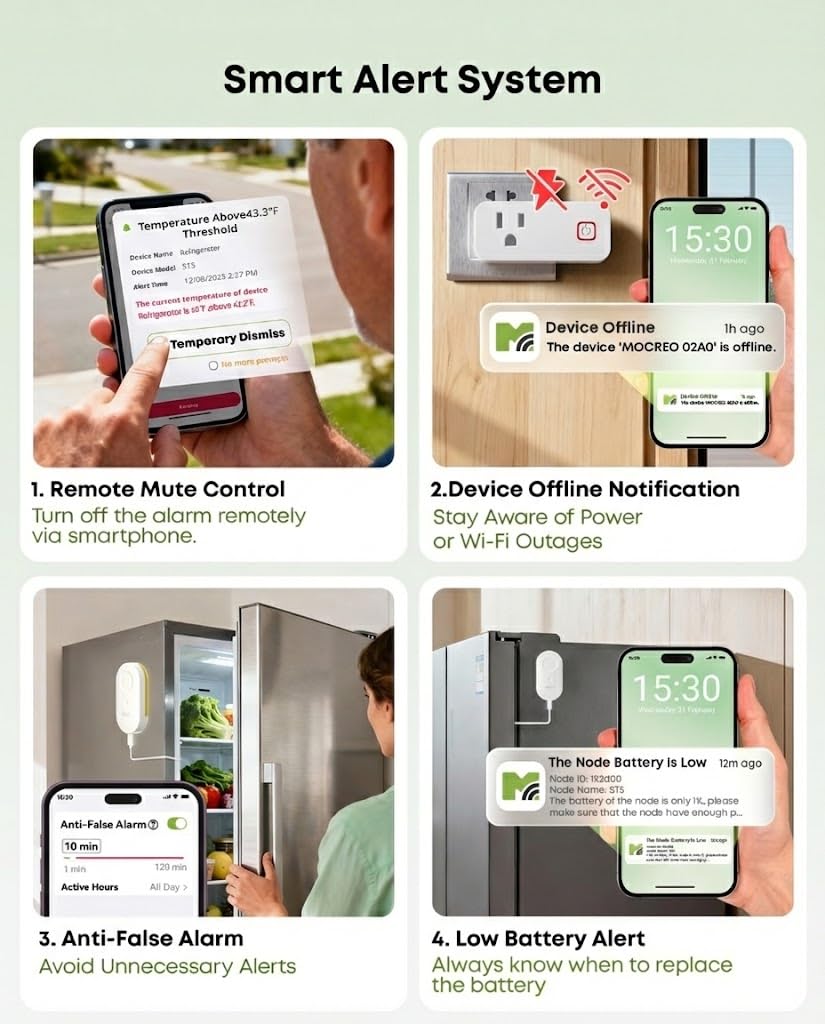 MOCREO Thermomètre WiFi pour réfrigérateur avec alarme de congélateur, alerte e-mail, notification d'application, enregistrement de données, exportation, sans frais d'abonnement, 2 capteurs de