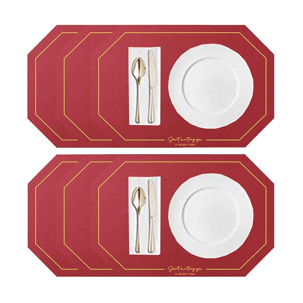 Platzdeckchen aus Leder, quadratisch, 6 Stück, achteckig, wasserdicht, ölbeständig, rutschfest, hitzebeständig, Unterlage für Küche, Esszimmer, Dekor, Schutz, Rot (rot)