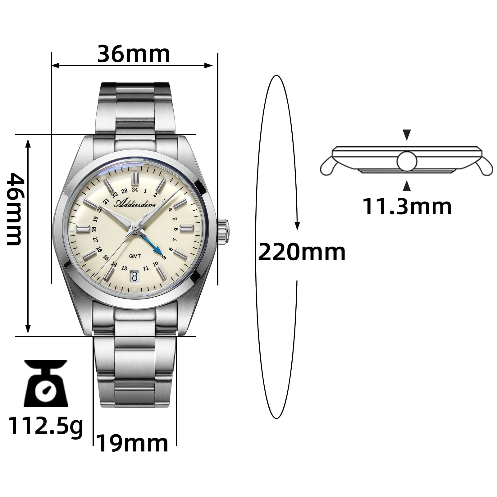 ADDIESDIVE 36 mm kleines Zifferblatt GMT Herrenuhr Diver wasserdicht 100 m Ronda 515-24H Edelstahl