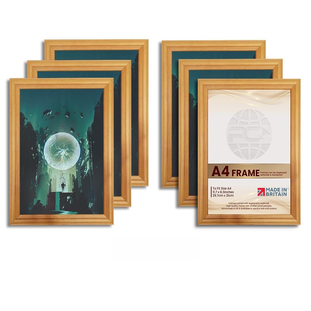 Procut Global Picture Frames A4 Country Pine (Pack of 6) - Classic A4 Frames With Safe Perspex Front & Wall Hanging Hooks - Premium Synthetic Wood - Handmade Frames