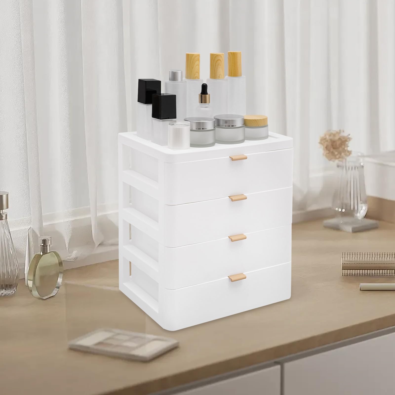Organizer da scrivania con 4 cassetti, per libri, gioielli, cosmetici, 26 x 20,2 x 29 cm, bianco