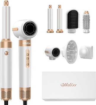 UKLISS 7 in 1 Hair Multi-Styler & Blow Dryer Brush, 110,000 RPM High-Speed Hot Air Brush Set with Auto-Wrap Curler, Negative Ion Straightening and Volumizing Styling Tool, White/Gold