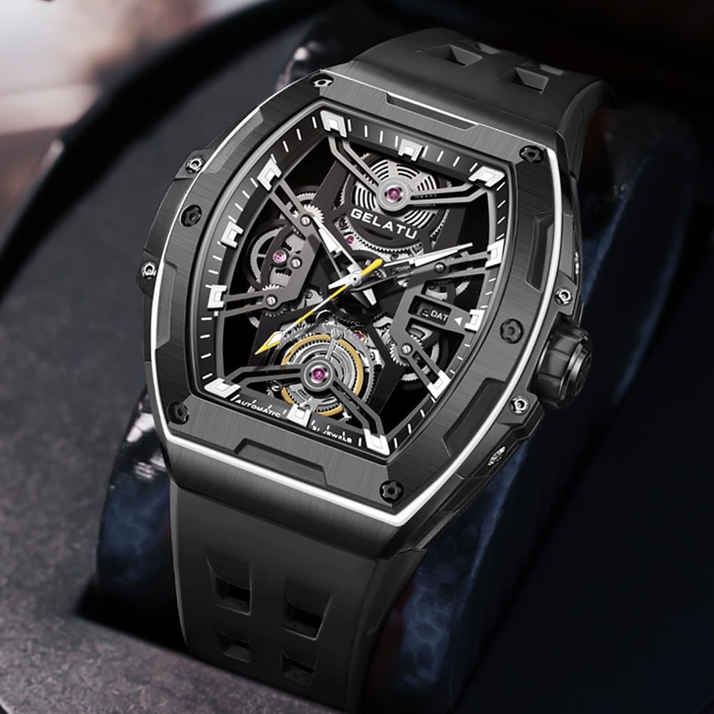 OLEVS Gelatu Herren-Armbanduhr, automatische Tonneau-Uhr, Skelett, mechanisch, 50 m, wasserdicht, Saphirglas, quadratisch, Weiß/Schwarz/Roségold