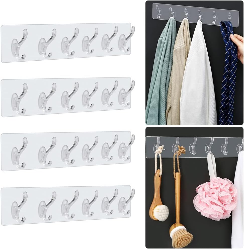 Coat Hooks Wall Mounted Heavy Duty, 24 Hooks Stick on Heavy Duty, Transparent Reusable Seamless Hooks Strong,Suitable for Bathroom Kitchen
