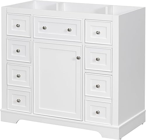Miniatura 7 de Merax Mueble de baño de 36 pulgadas sin fregadero, base de gabinete solamente, armario de baño con puerta única y 6 cajones, color blanco