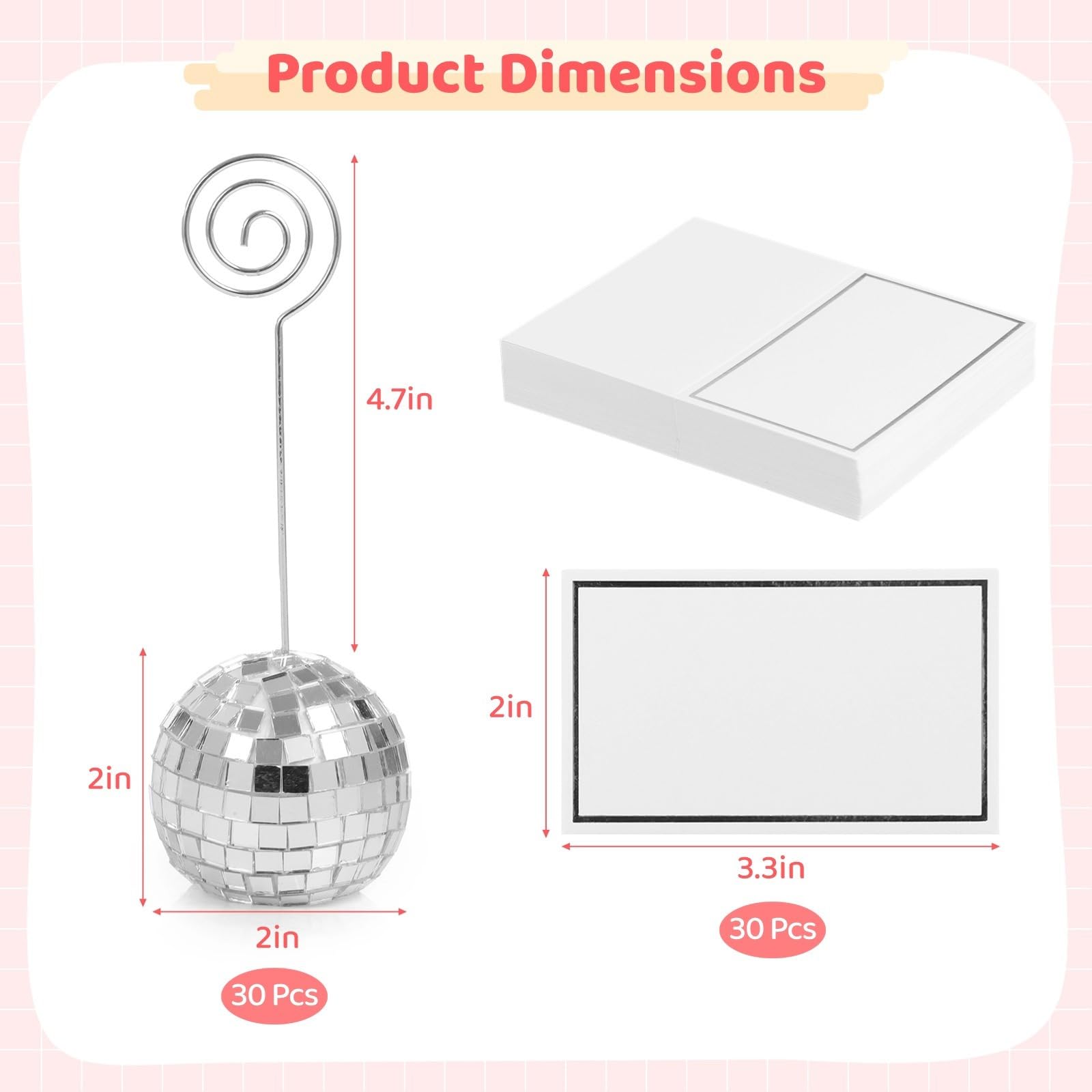 30 Sets Silber Discokugel Kartenhalter mit Wirbeldraht & Tischkarten, Tischnummernständer für Hochzeiten, Partys