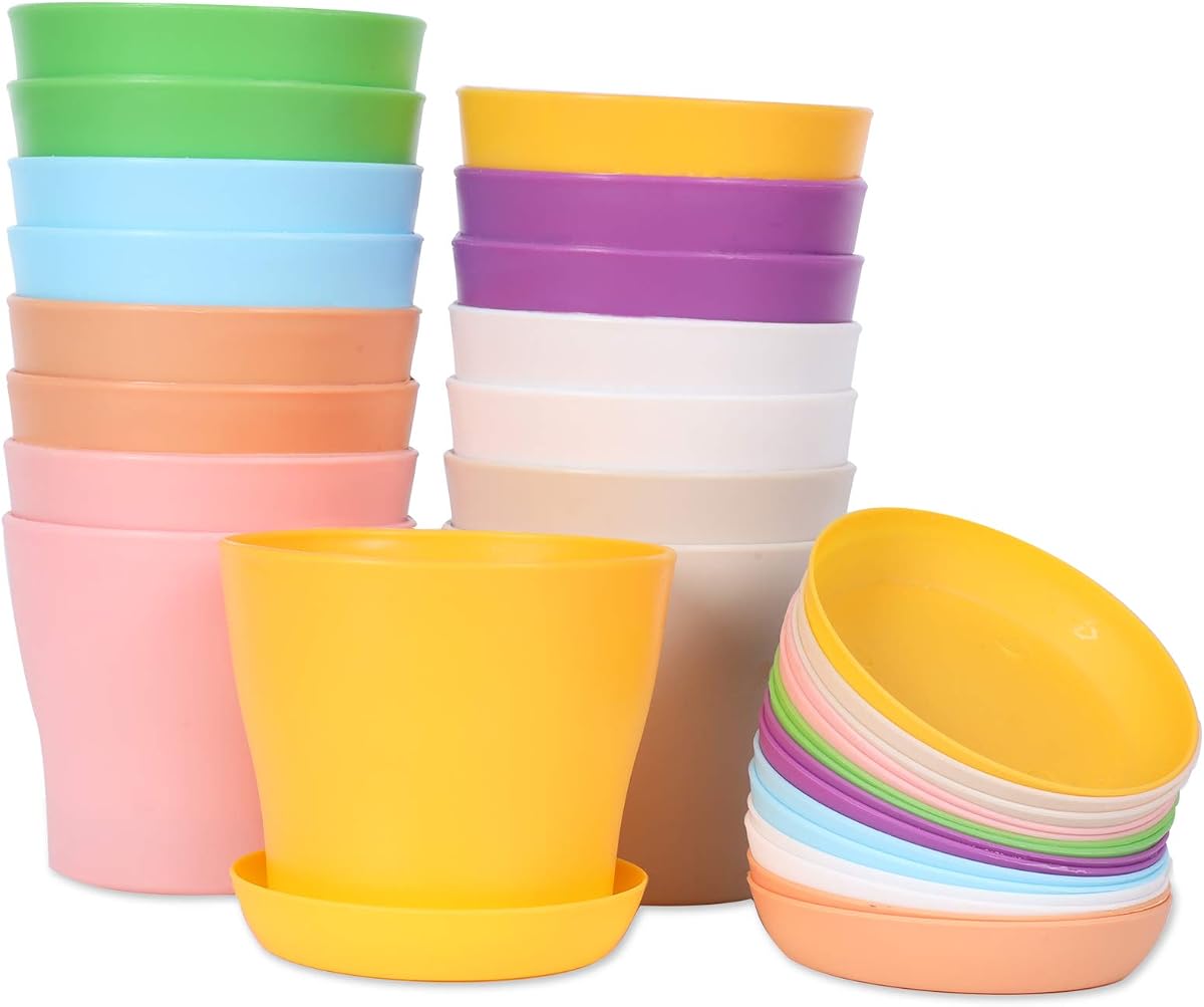 16-Pack 4" Plastic Flower Plant Pots Thickened Seedlings Nursery Pots, Colorful Flower Plant Container Seed Starting Pots with Pallet (8 Colors)