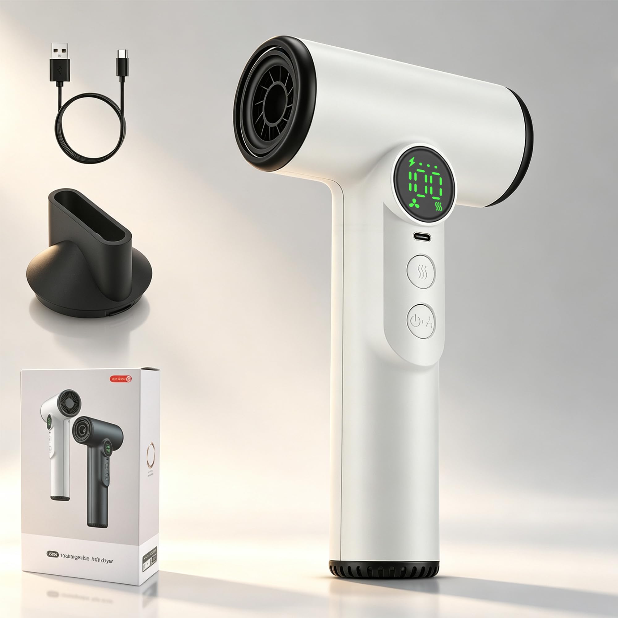 Sèche-cheveux de Voyage Pro avec Batterie 15600mAh - Sèche-cheveux sans Fil avec 100 Températures & Vitesses - Séchoir Portable avec Écran Numérique pour Camping Voyages Hôtel - Blanc