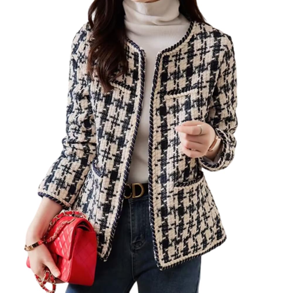 DAYISS Womens Tweed Blazer Long Sleeve Jacket Fully Lined Casual Business Elegant Work Office Coat Plaid Tweed Suit