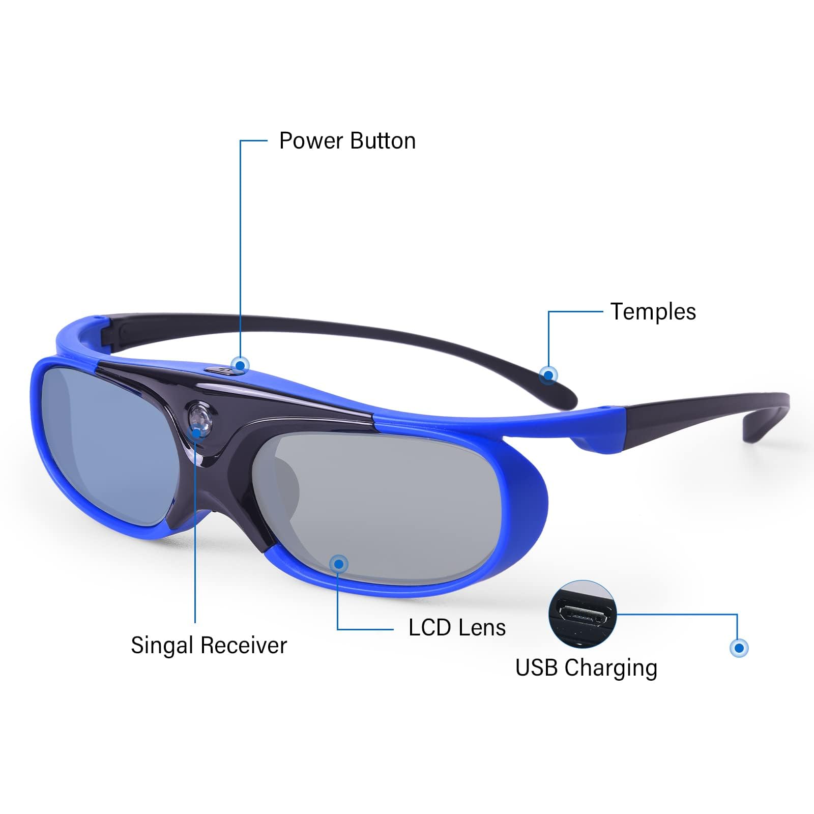 Cocar Occhiali 3D Active Shutter 3D DLP Link ricaricabili per Acer ViewSonic BenQ Optoma, Philips, Panasonic, Vivitek, Dell, JMGO, Cocar Cocar 3D, confezione da 2, colore: blu