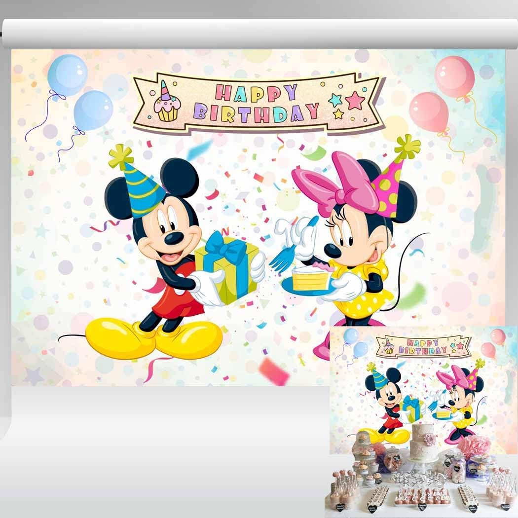 Mickey and Minnie Happy Birthday Backdrop Glitter Colored Banner Polka Dots Background Boys and Girls Party Decorations 7x5 ft 176