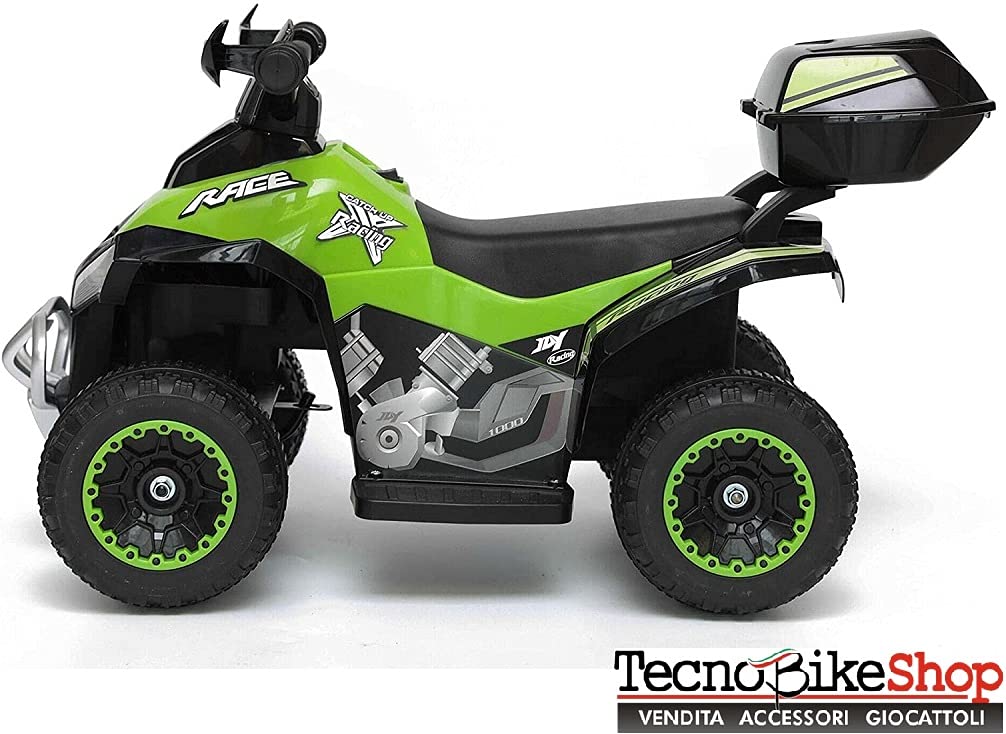 Tecnobike Shop Mini Quad Deluxe 6V luci Suoni Batteria Ricaricabile Marcia Avanti e Indietro Baluetto e Parabrezza (Verde)