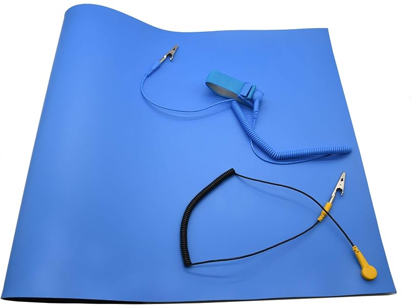 Kit de tapete ESD para altas temperaturas, tapetes ESD, tapete de goma ESD, kit ESD, 16" x 24" x 0.08", azul, tapete antiestático con muñequera ESD y cable de conexión a tierra ESD para trabajos electrónicos sensibles - Kit de tapete ESD