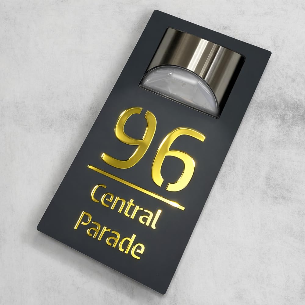 House Numbers Plaques With Solar Light House Numbers Door Signs Personalised Door Number For Wall Name Outside (Grey and Mirror Gold)