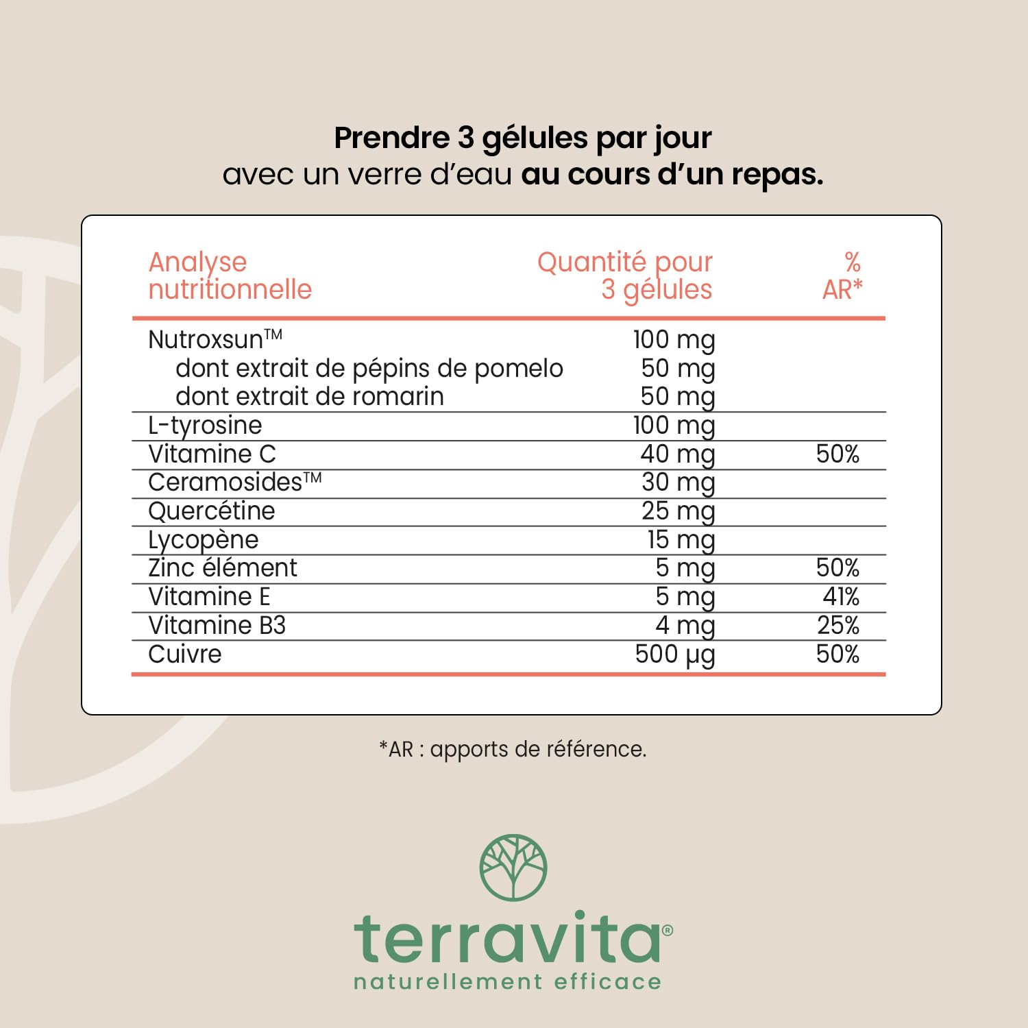 COMPLEXE SOLAIRE 4 en 1 | Nutroxun® + Céramosides® + Lycopène + Zinc Bisglycinate | Teint Hâlé et Naturel | Formule Autobronzante sans Bêta-carotène | 90 Gélules Vegan | Fabriqué en France | Terravita