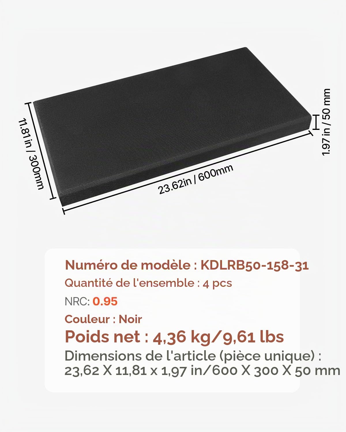 VEVOR Panneau Acoustique Mural Autocollant, Lot de 4, Panneaux Insonorisants Muraux en Fibre de Verre 60x30x5 cm, Isolation Phonique pour Maison, Home Cinéma, Studio, Bureau, Salle de Réunion, Noir