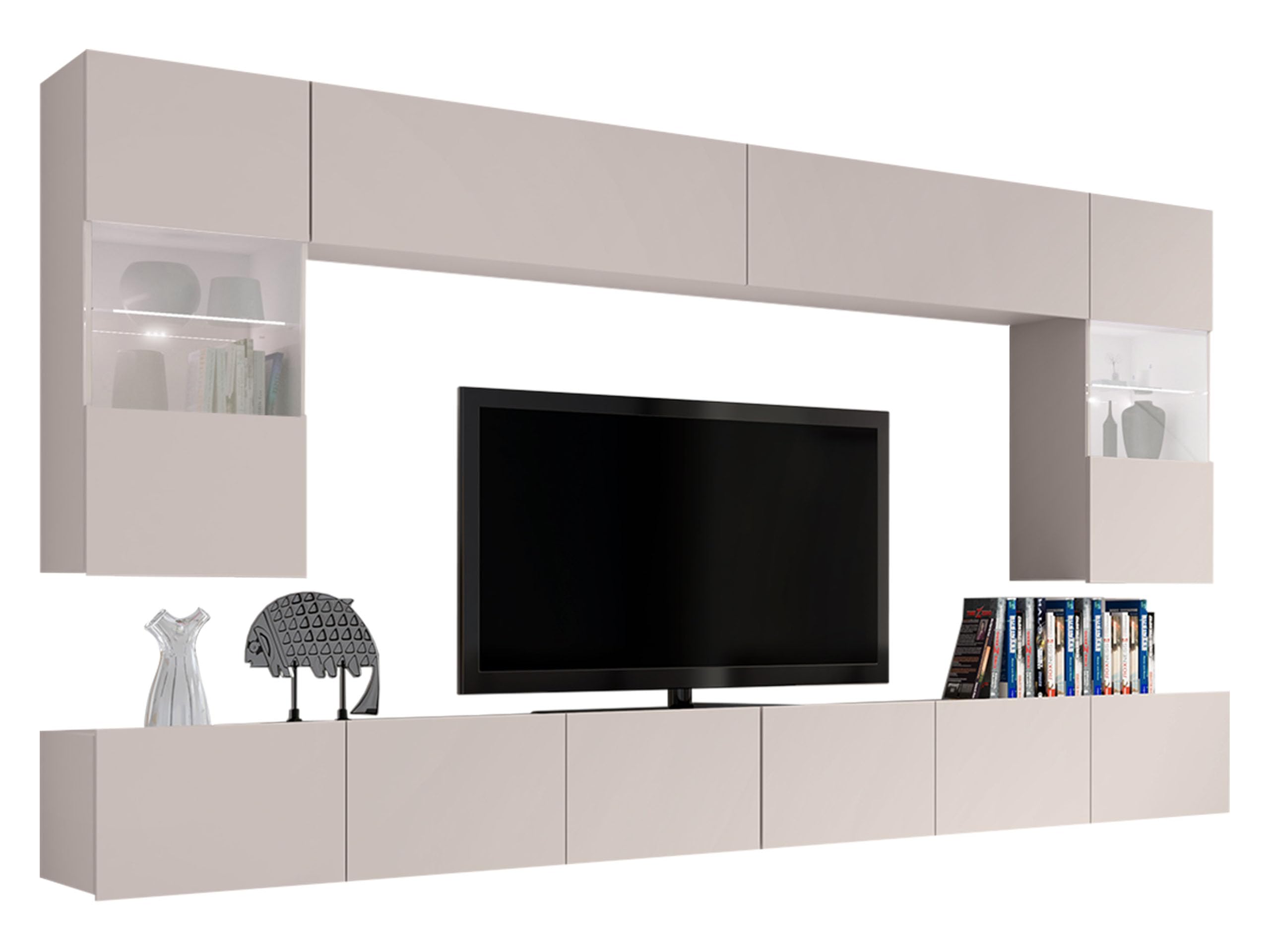 Mirjan24 Moderne Wohnwand Calabrini I, Anbauwand, Mediawand, Hängevitrine, TV Lowboard, Wandregal, Wohnzimmerschrank, Fernsehschrank (mit weißer LED Beleuchtung, Cashmere)