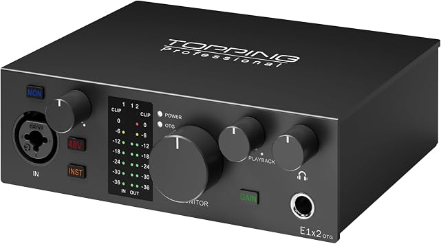 TOPPING E1X2 OTG USB Audio Interface | XLR Mic Preamp, 48V Phantom Power, 24bit/192kHz, 8 DAW/6 Loopback Channels, PC & Mobile Recording, Dual Livestream, Zero-Latency Mixer, High-Res PlaybackBlack