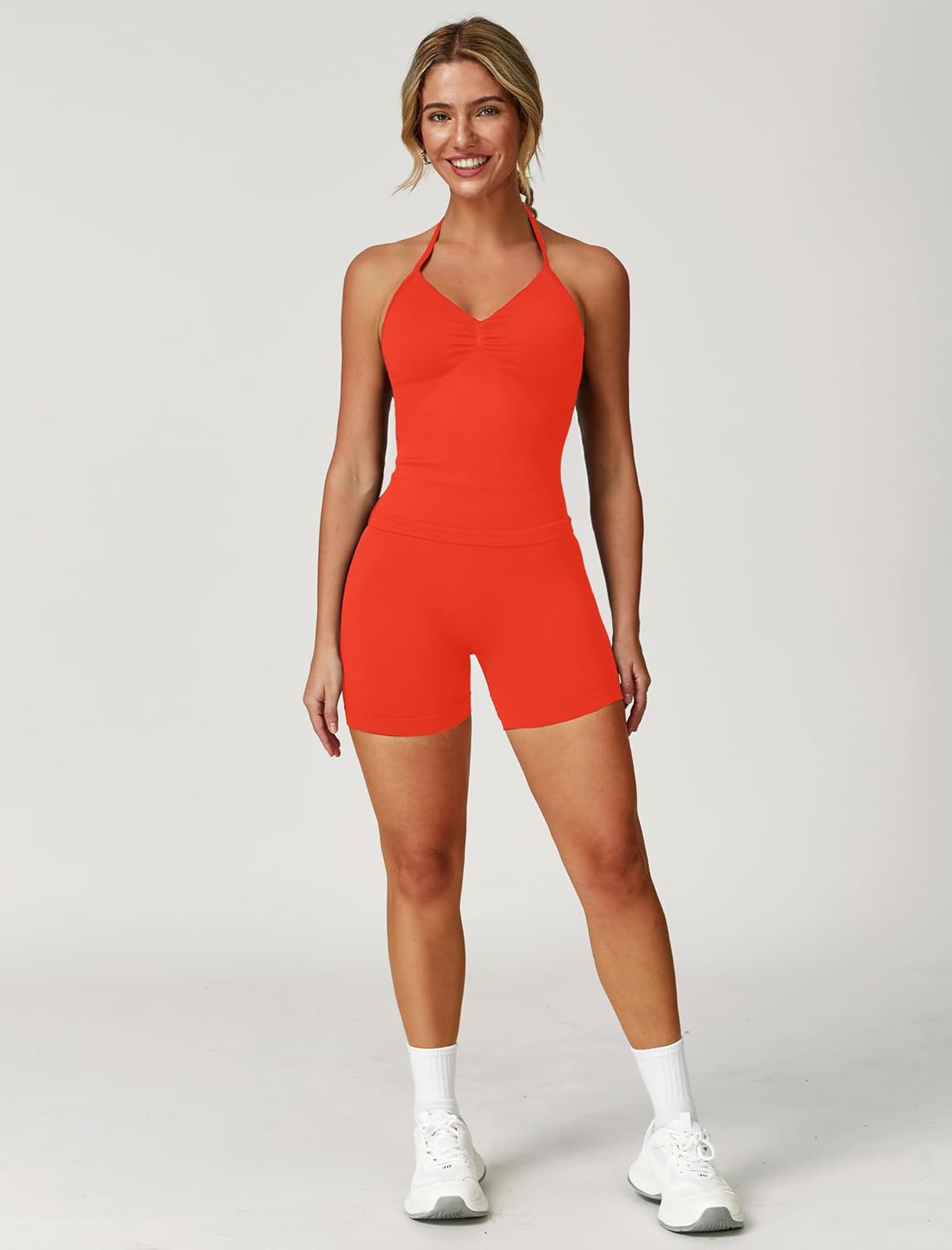 ABOCIW Workout Sets for Women 2 Piece Seamless Impact Longline Strappy Top Scrunch Butt High Waist Biker Shorts Gym Set