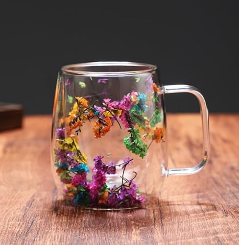 2pcs Flowers Double Walled Glass Mugs, Dry Flower Cup with Handle, Coffee Cups, Glass Tea Cups Double Wall Insulated Coffee Mugs Tea Mug Milk Mug