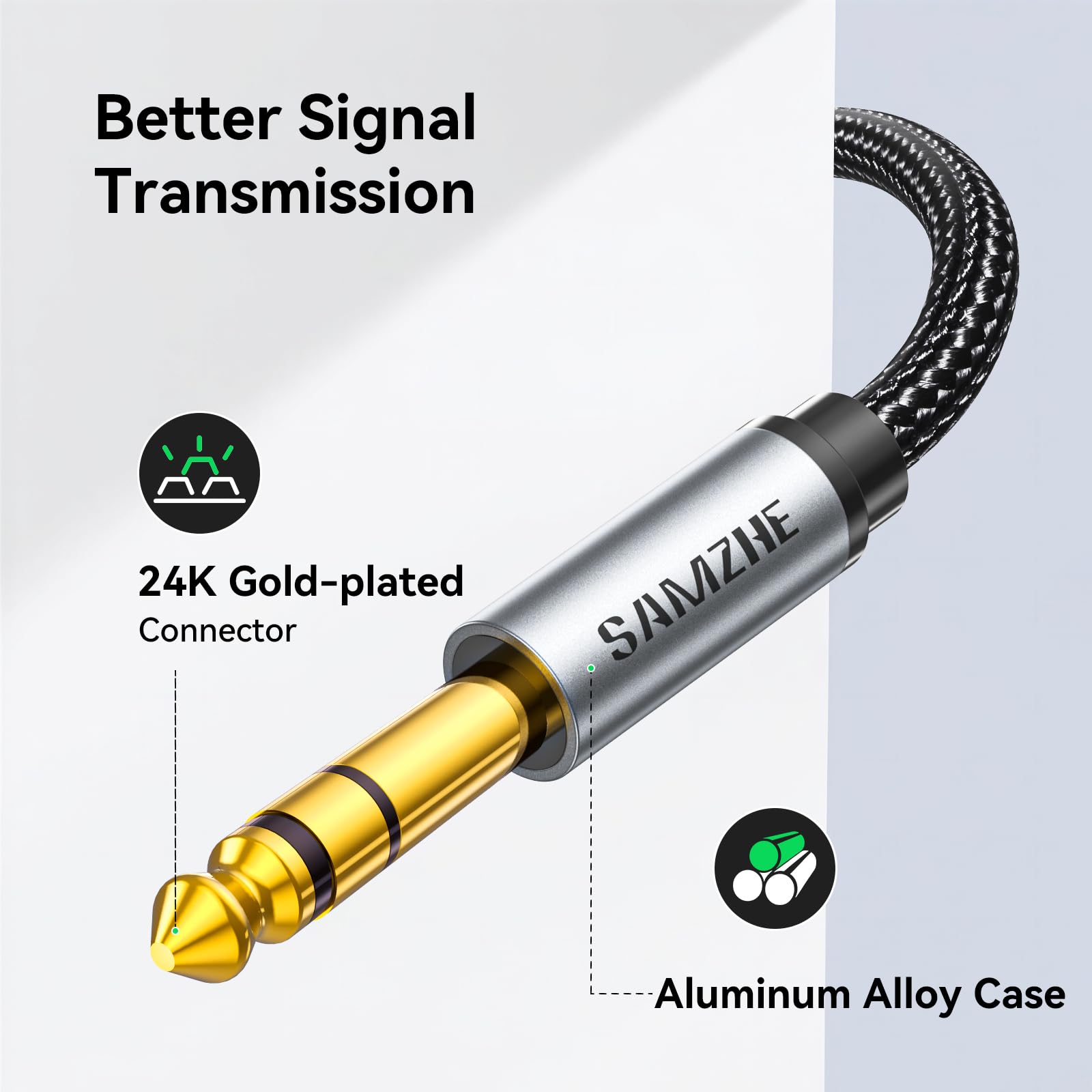 SAMZHE Cavo stereo da 1/8 a 1/4, da TRS da 3,5 mm a 6,35 mm, cavo audio da chitarra a AUX maschio, con alloggiamento in lega di alluminio e treccia di nylon, per chitarra, laptop, dispositivi home