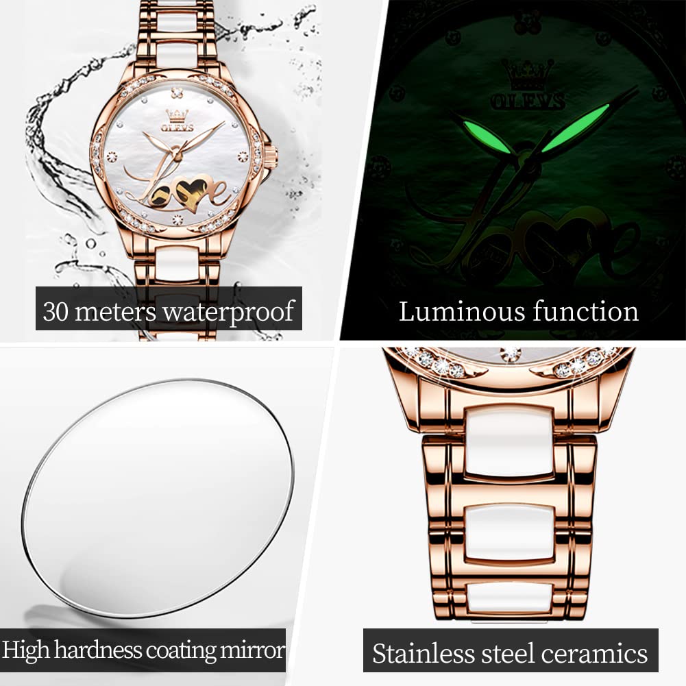 OLEVS Relojes automáticos para mujer, oro rosa, vestido de diamantes de moda, reloj de pulsera mecánico de dos tonos, correa de cerámica impermeable luminosa, juego de regalo, Esfera de amor