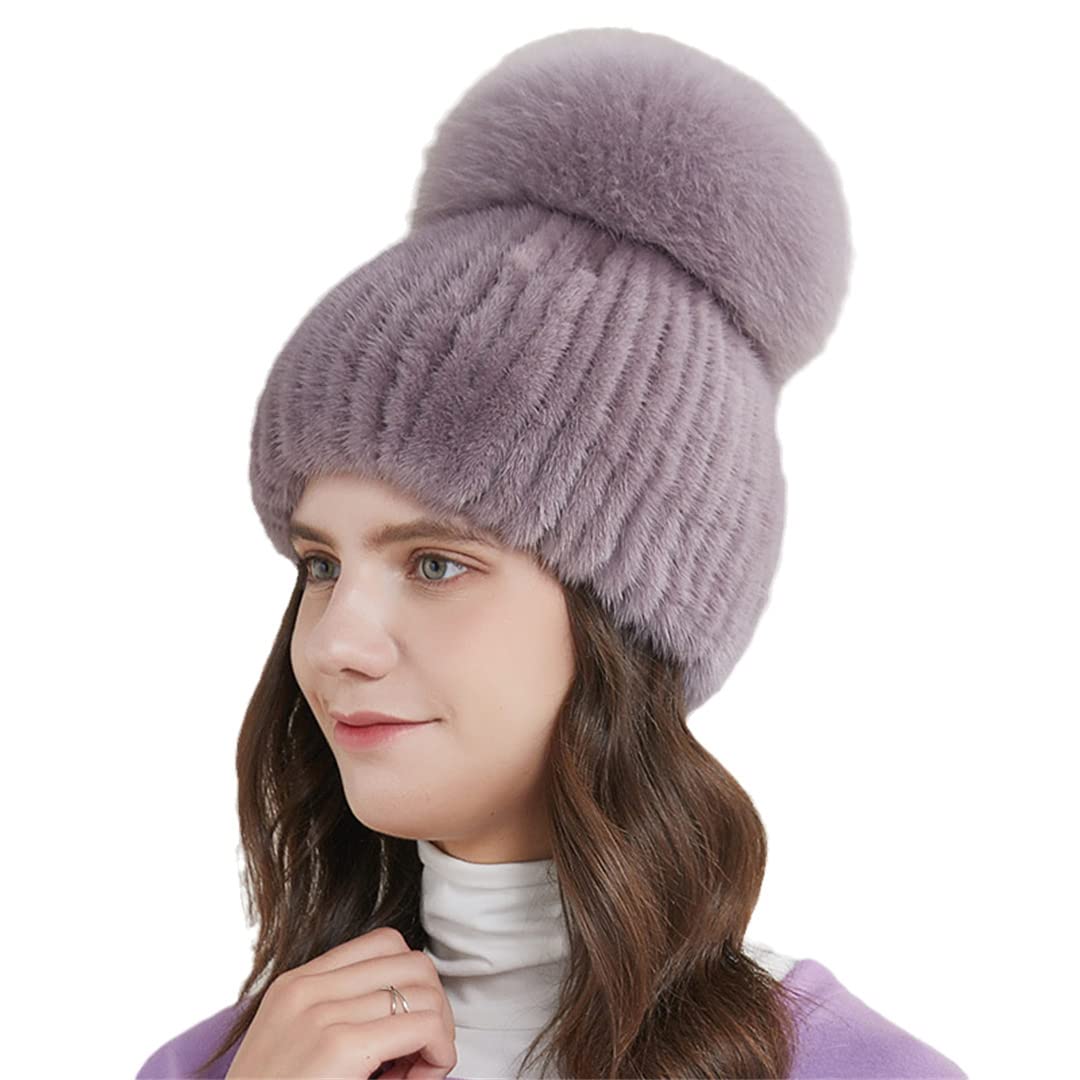 KMMBBTY Sombreros de Invierno de Piel de visón para Mujer con Gorro de Punto con Pompones, Gorro Femenino de elásticos cálidos a la Moda