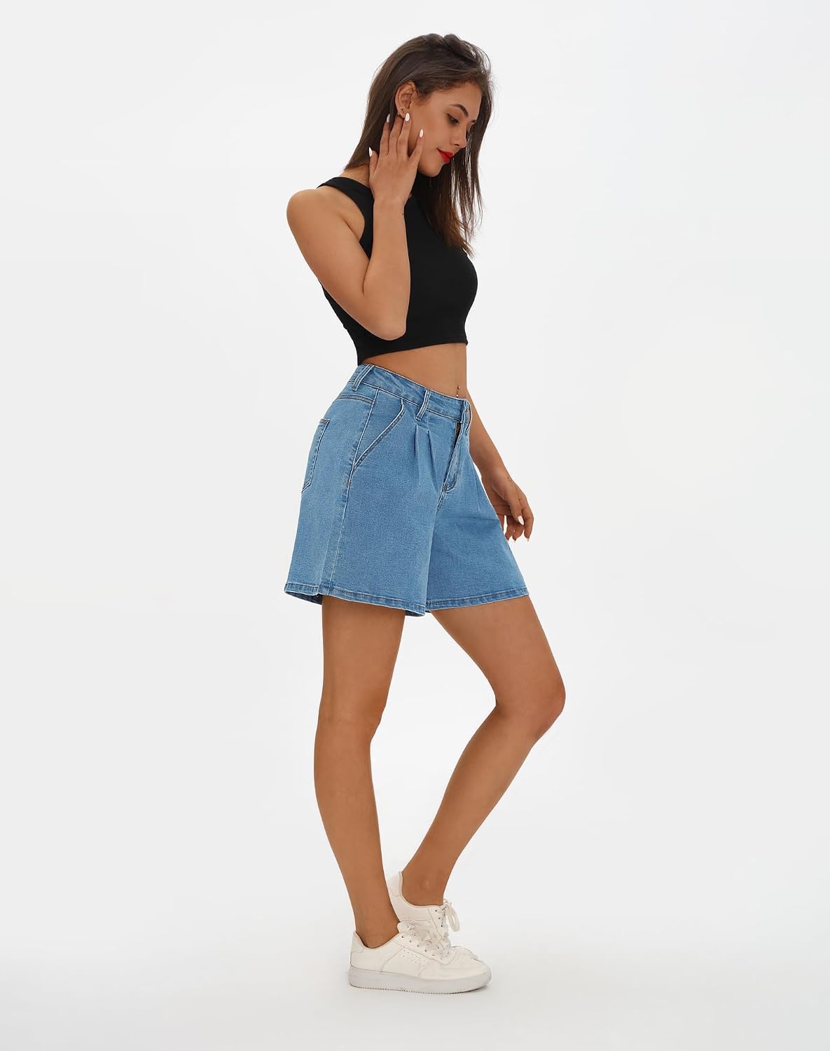 roswear Women’s Wide Leg Denim High Waisted Stretchy Loose Jean Shorts