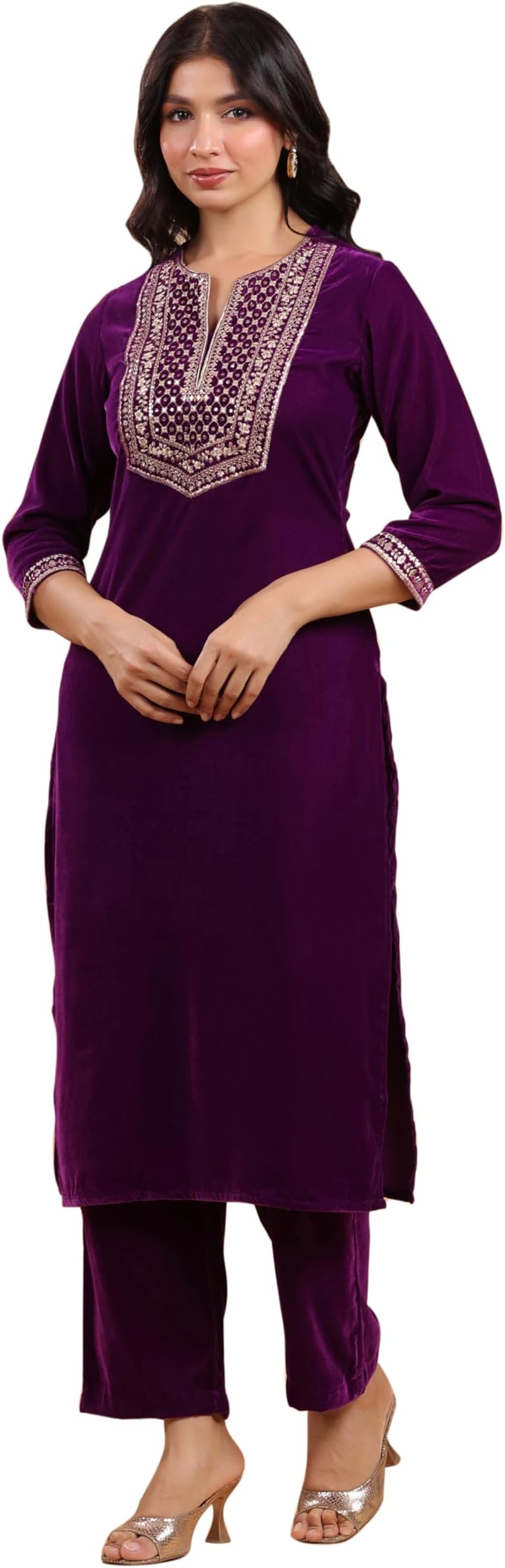 Janasya Women's Purple Velvet Zari Yoke Embroidered Straight Kurta Set