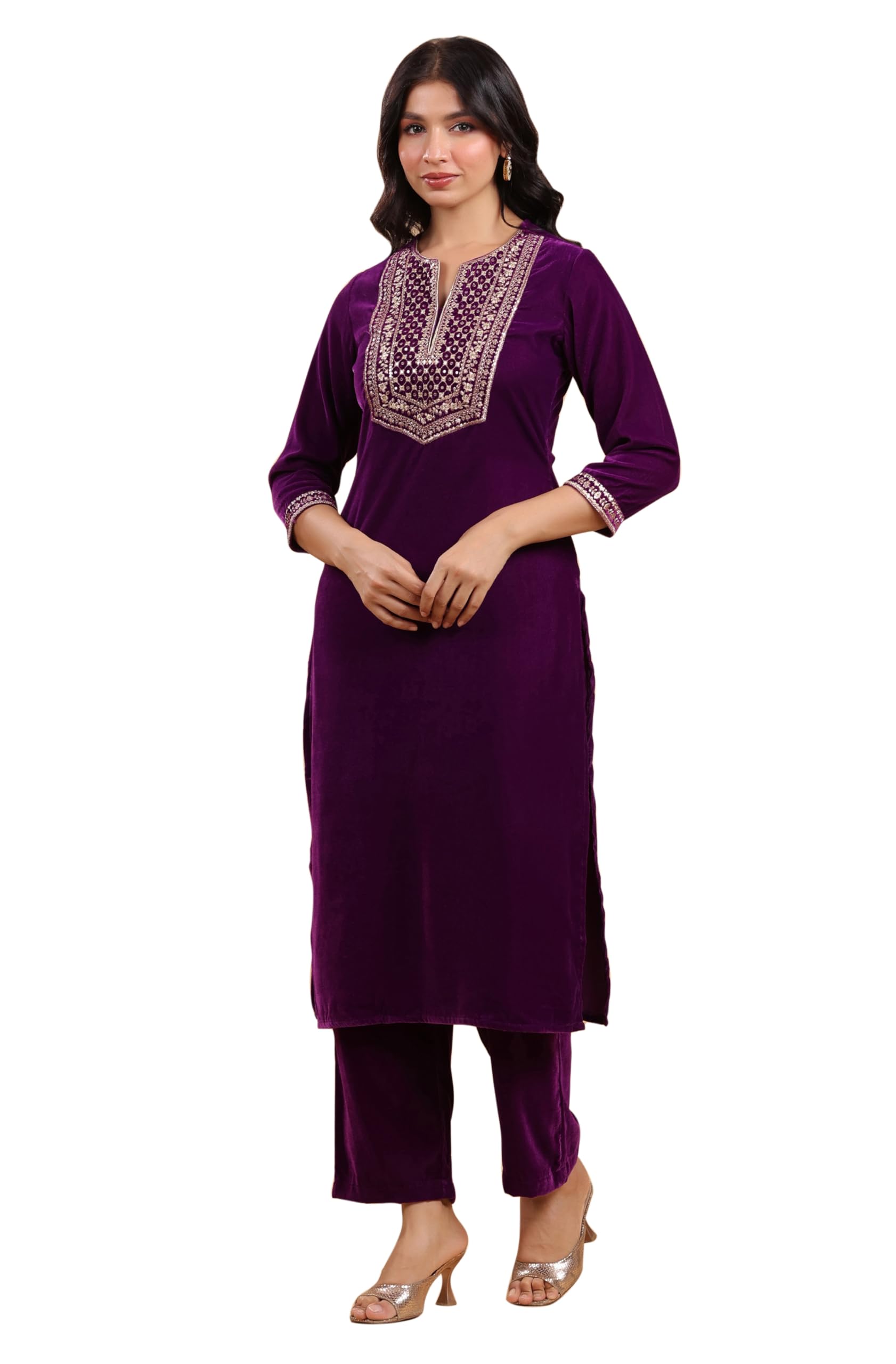 Janasya Women's Purple Velvet Zari Yoke Embroidered Straight Kurta Set