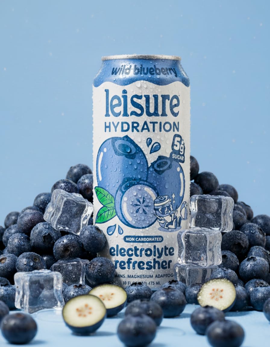 Leisure Hydration Non-Carbonated Electrolyte Refresher, Wild Blueberry Flavor - Low Sugar Nutrient Enhanced Water Beverage - Get The Best Hydration Packed w/ Magnesium & Ashwagandha For Mood & Stress Support, Non-GMO, 16 oz (12-Cans)