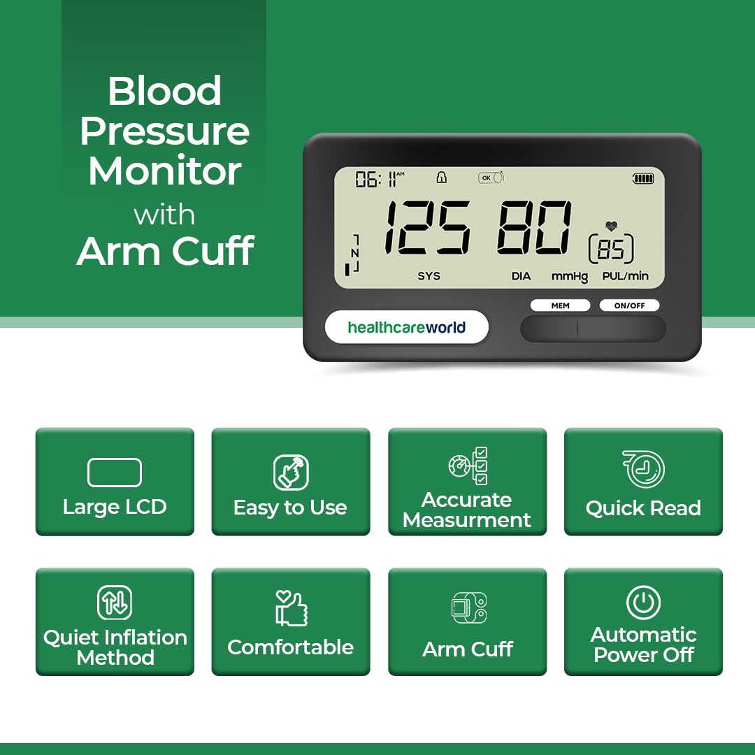 Healthcare World Monitor de presión arterial recargable para uso doméstico, puño ajustable y pantalla LCD brillante para personas mayores, 20 grupos de memoria, inflado automático, monitor de presión