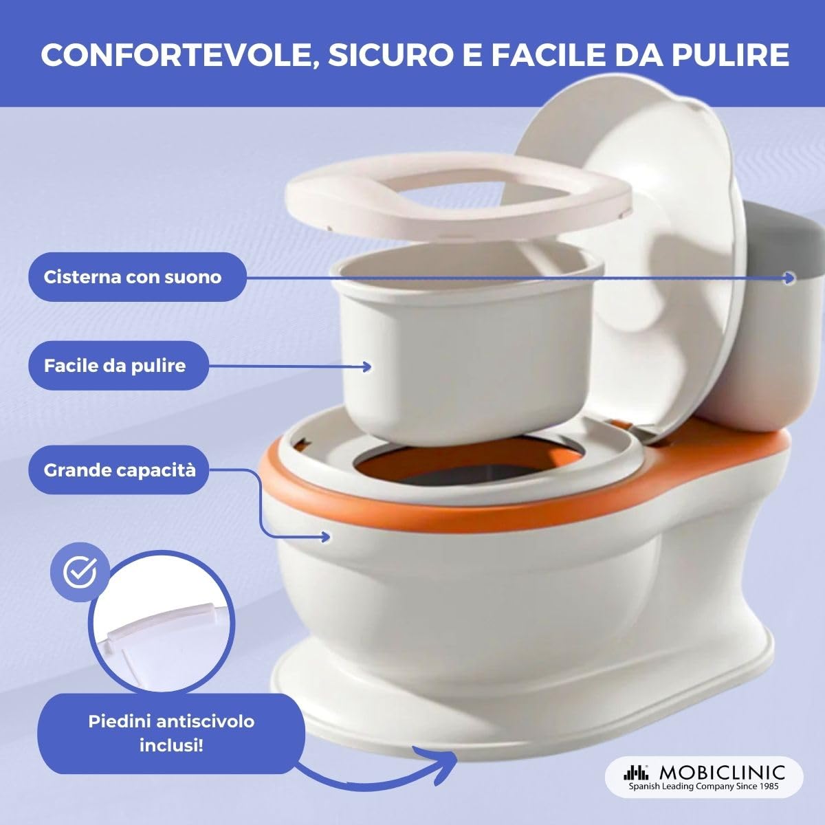 Mobiclinic® kids, Vasino, Toikid, Età 1-3 anni, Con coperchio, Risciacquo acustico, Scomparto per la carta igienica, Funzionamento a batteria, Secchio rimovibile, Sedile impermeabile (arancione)