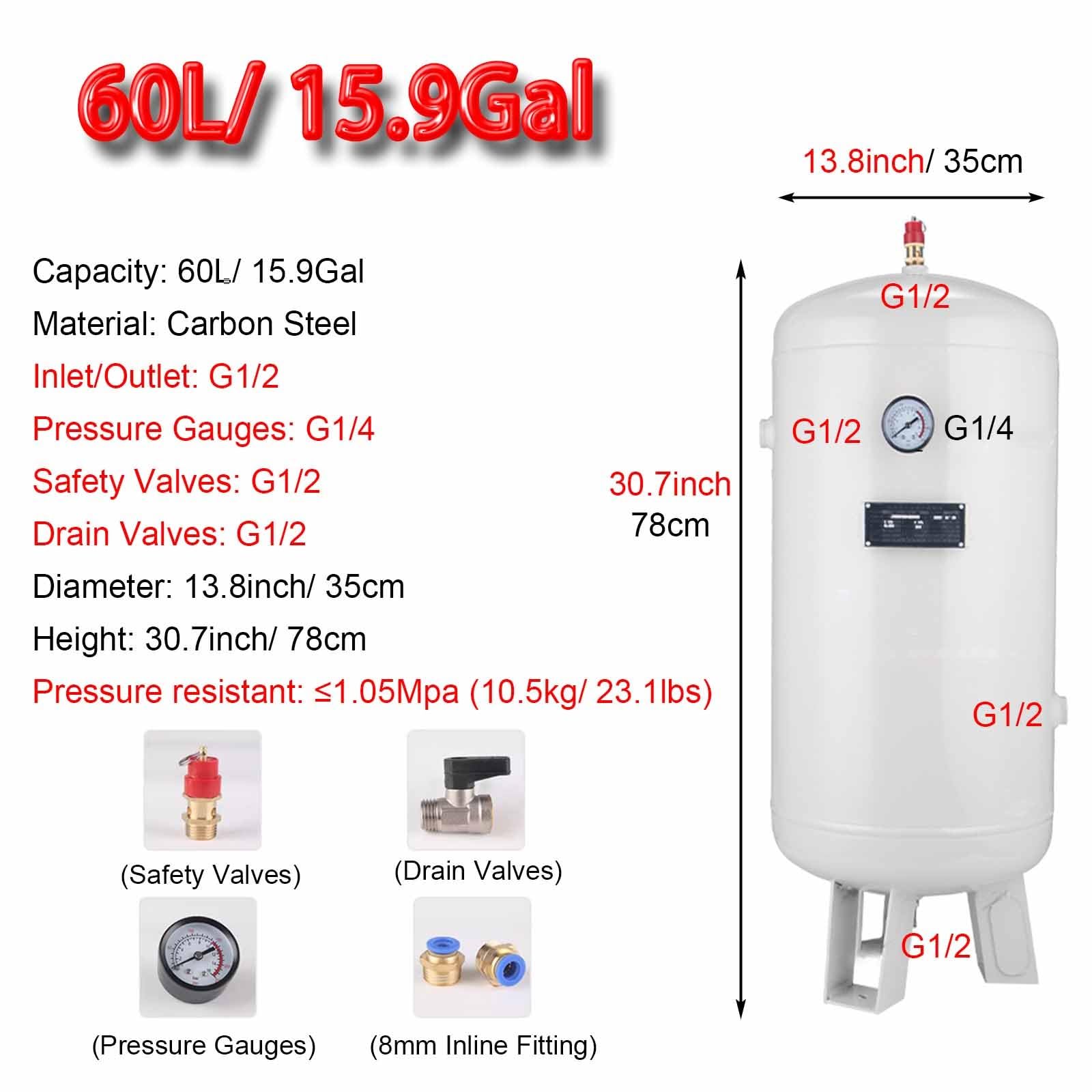 Serbatoi per compressori d'aria Serbatoio d'aria professionale in acciaio al carbonio con accessori di installazione, 20 50 80 100 L Serbatoio del compressore d'aria per gas compresso, Serbatoio per f