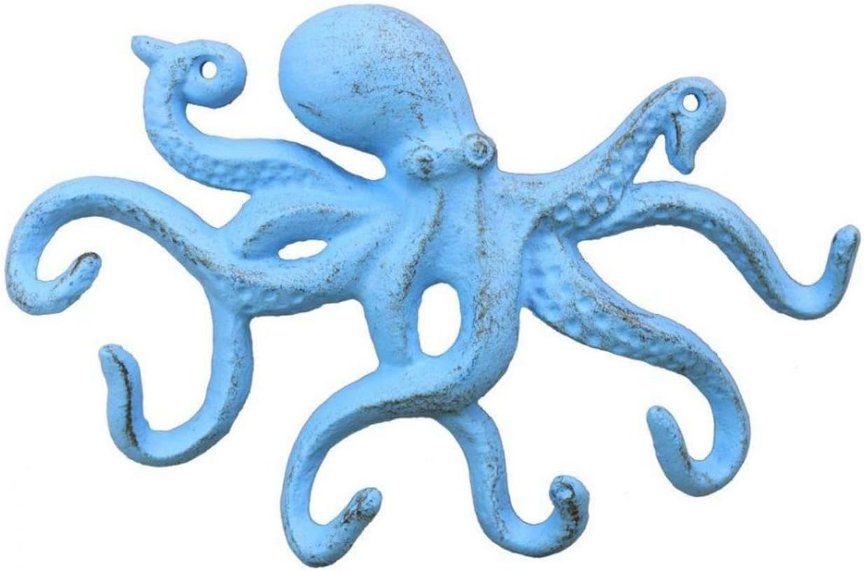 Hampton Nautical Rustic Octopus Hook 11" Decoration-Antique Vintage Cast Iron, Solid Light Blue