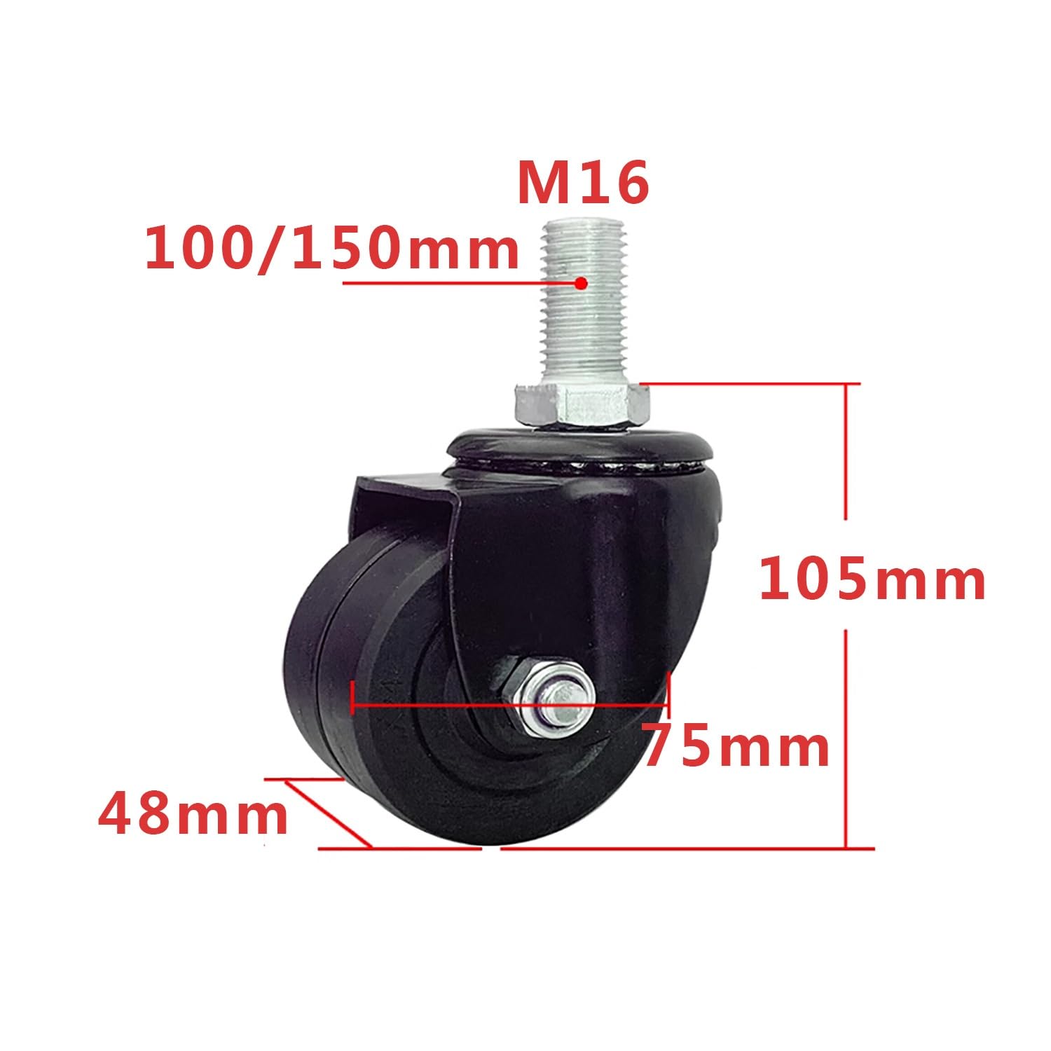 Ruedas de Vástago de 75 Mm con Vástago Roscado M16, Ruedas Industriales de Nylon de Alta Resistencia, Ruedas Giratorias para Muebles/Banco de Trabajo Sin Freno, Capacidad de Carga 750 KG, Ju