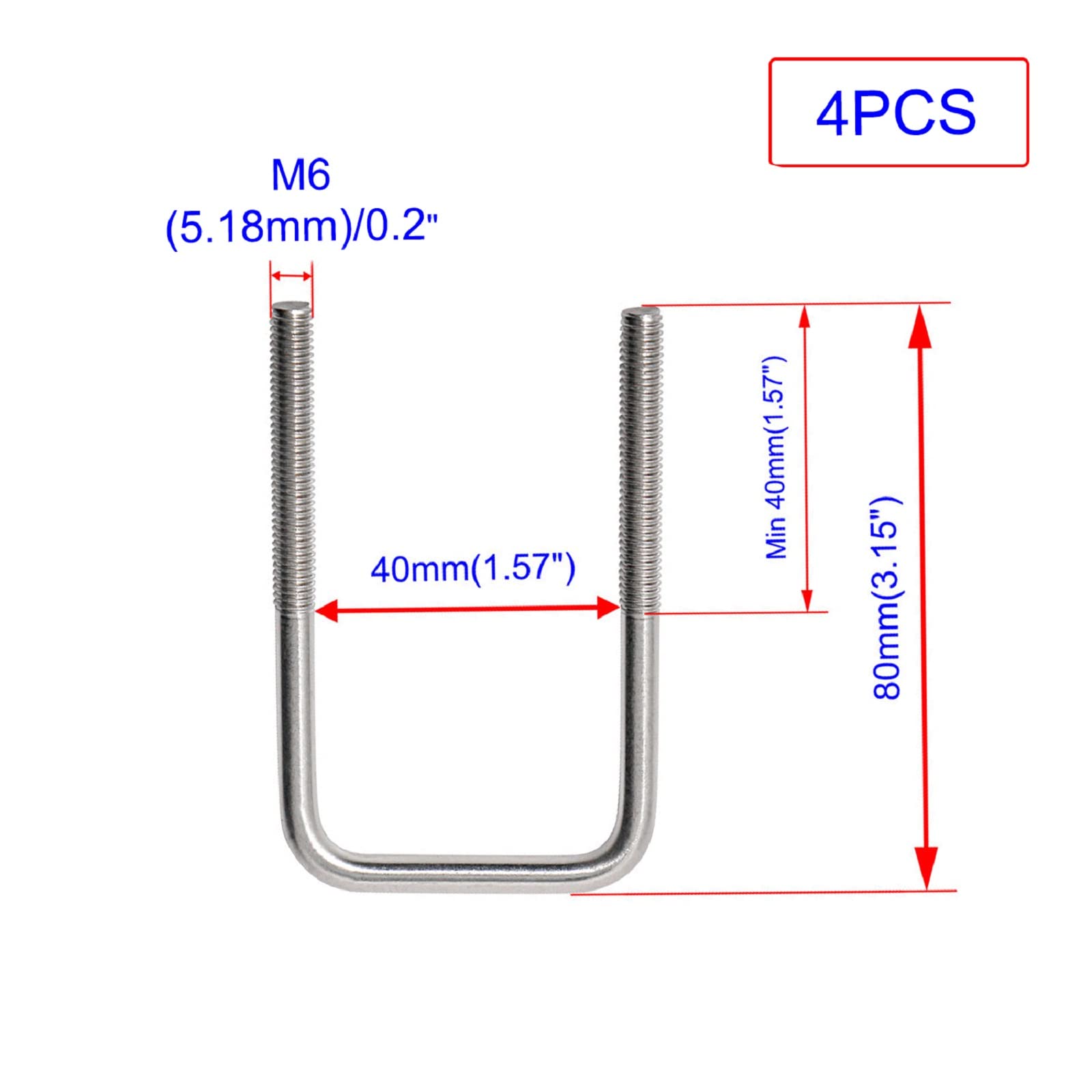 U Bolt, 4 Sets 1.6'' (40mm) Inner Width 304 Stainless Steel M6 Square U-Bolt Plate Screw Nut Fastener, 37/38mm Pipe, Boats, and Other Home Industrial Applications, Silver, x W-1.6'' x L-3.1''