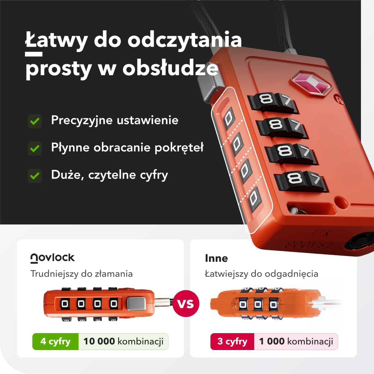 Kłódki TSA ze Wskaźnikiem Otwarcia – 4-cyfrowe Szyfrowe Zamki do Walizek, Plecaków, Bagażu i Szafek – Zamki Podróżne z Elastyczną Stalową Linką, Zestaw 2 Pomarańczowe