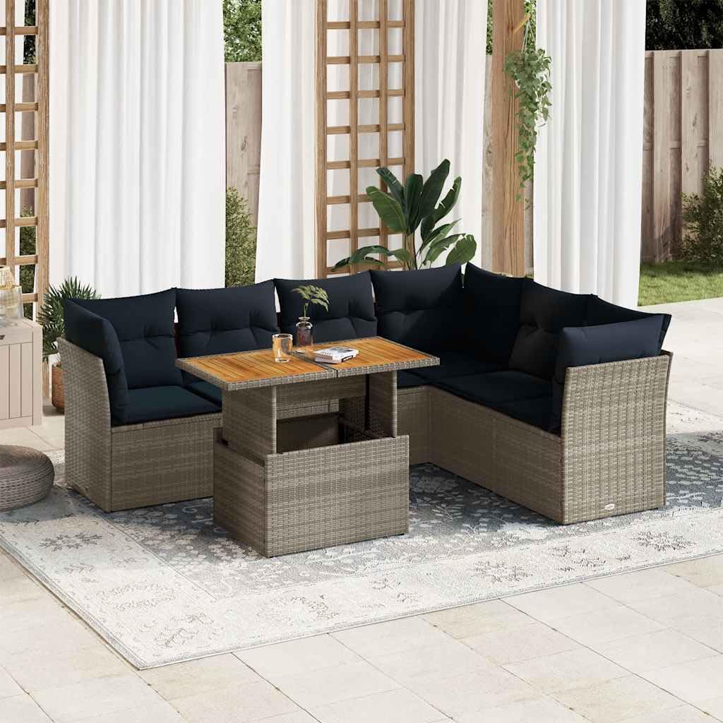 Set Divani da Giardino 7 pz in Rattan PE Grigio | Salotto da esterno componibile con tavolo regolabile e cuscini blu per momenti di relax in terrazzo o giardino.