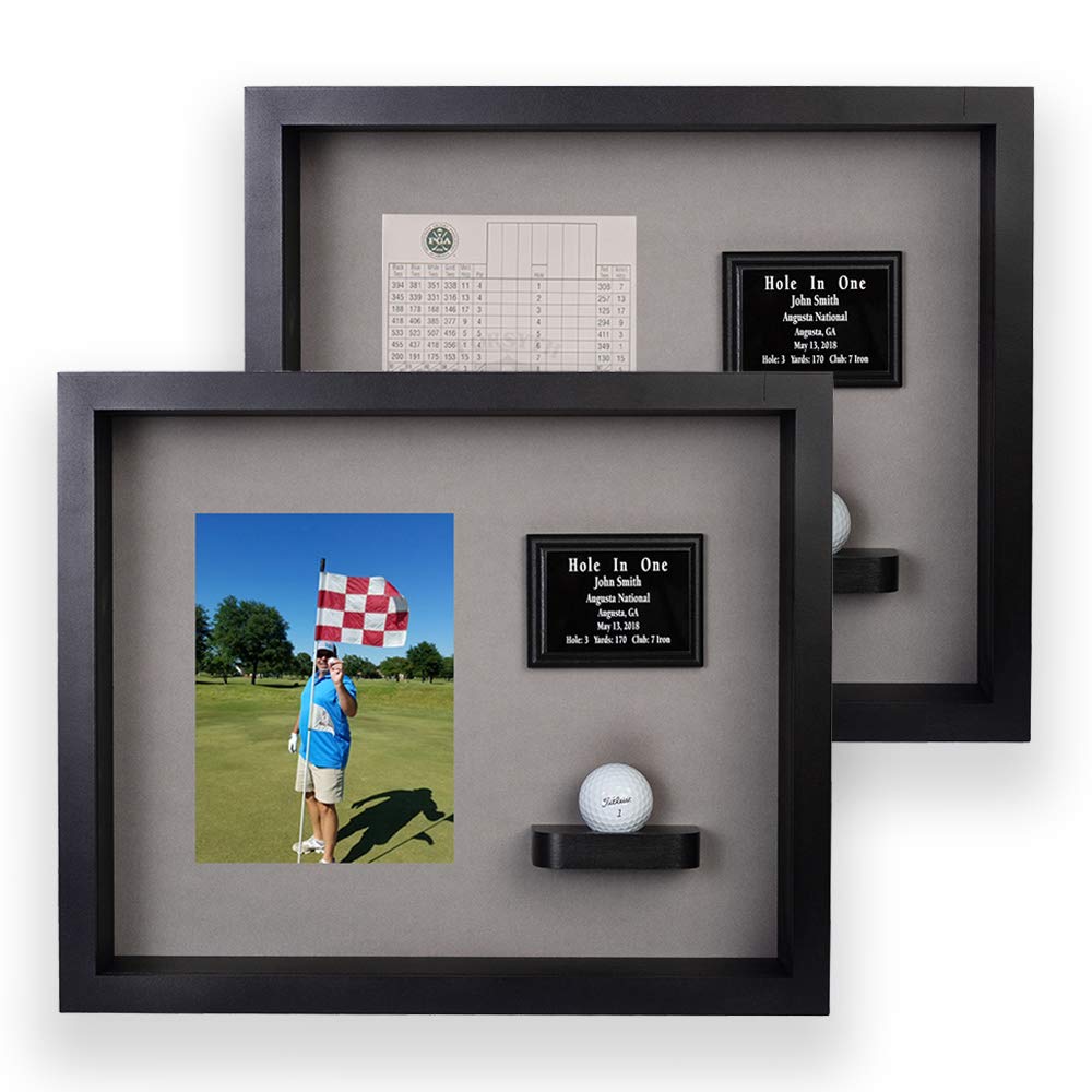 Eureka Golf Products Hole in One Shadowbox and Golf Ball Display Case | Personalized Engraved Plate | Holds Golf Ball and Scorecard or Photo |4 Color Finishes | Wall Mounted (Vertical, Black/Gray)