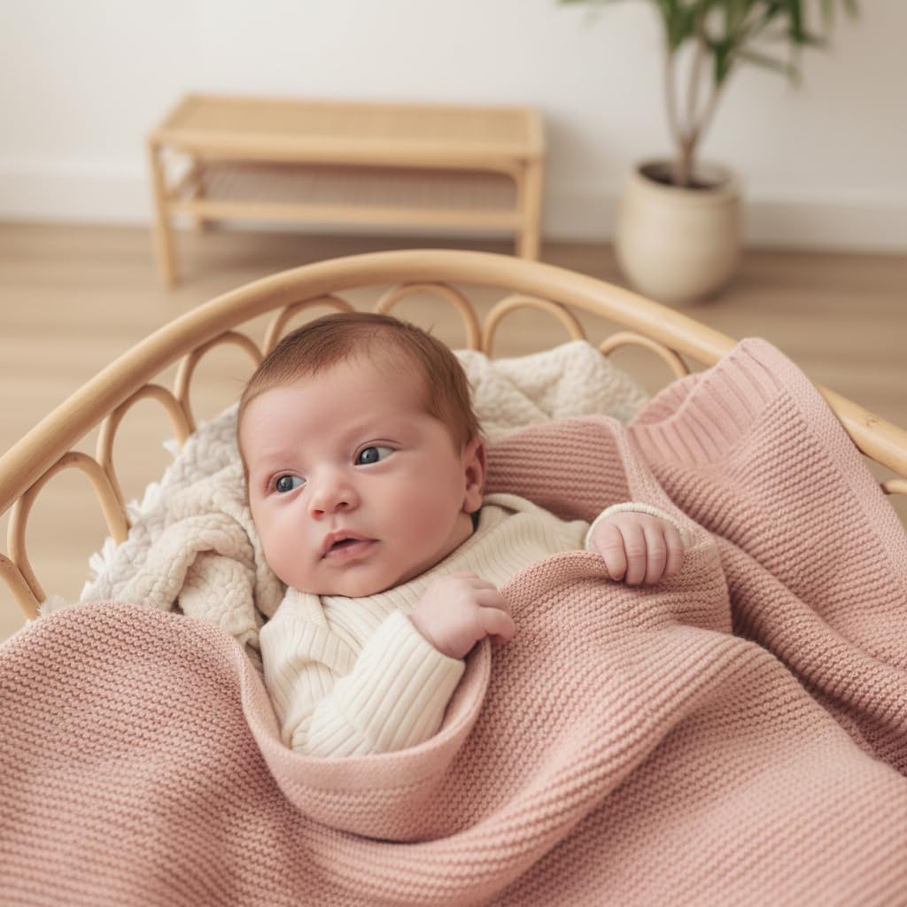 Bleu La La Baby Blanket for Girls Organic Cotton Knit Soft Warm Cozy Unisex Swaddle Receiving Cuddle Stroller Crib Blanket for Newborns, Infants Toddler, Boys and Girls (0-2Yrs - Blush Pink)