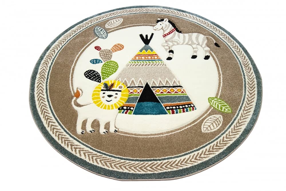 Teppich-Traum Alfombra Infantil de Juego con Tipi India León Cebra Cactus Beis Azul Crema marrón - Muy Resistente & fácil de Limpiar Größe 120x170 cm