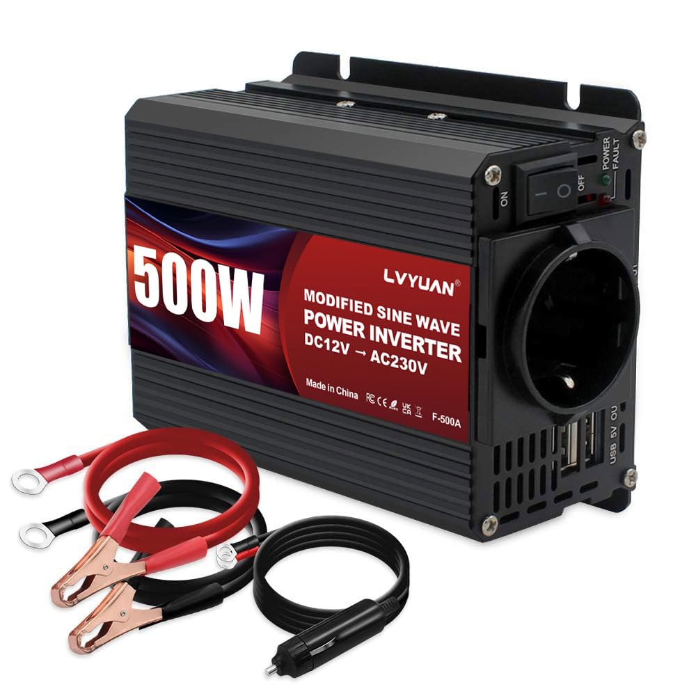 LVYUAN Convertisseur 12V 220V 500W Convertisseur de Tension, Onduleur avec Double Connexion USB et Prises EU, Inverter