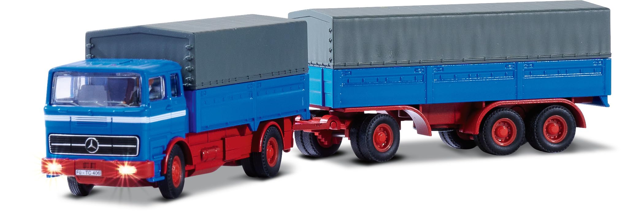 Carson 1:87 MB 1620 plandeka z przyczepą, 100% RTR niebieska, model gotowy do jazdy, samochód RC, model RC, pojazd diorama, zdalnie sterowana ciężarówka, zdalnie sterowana ciężarówka