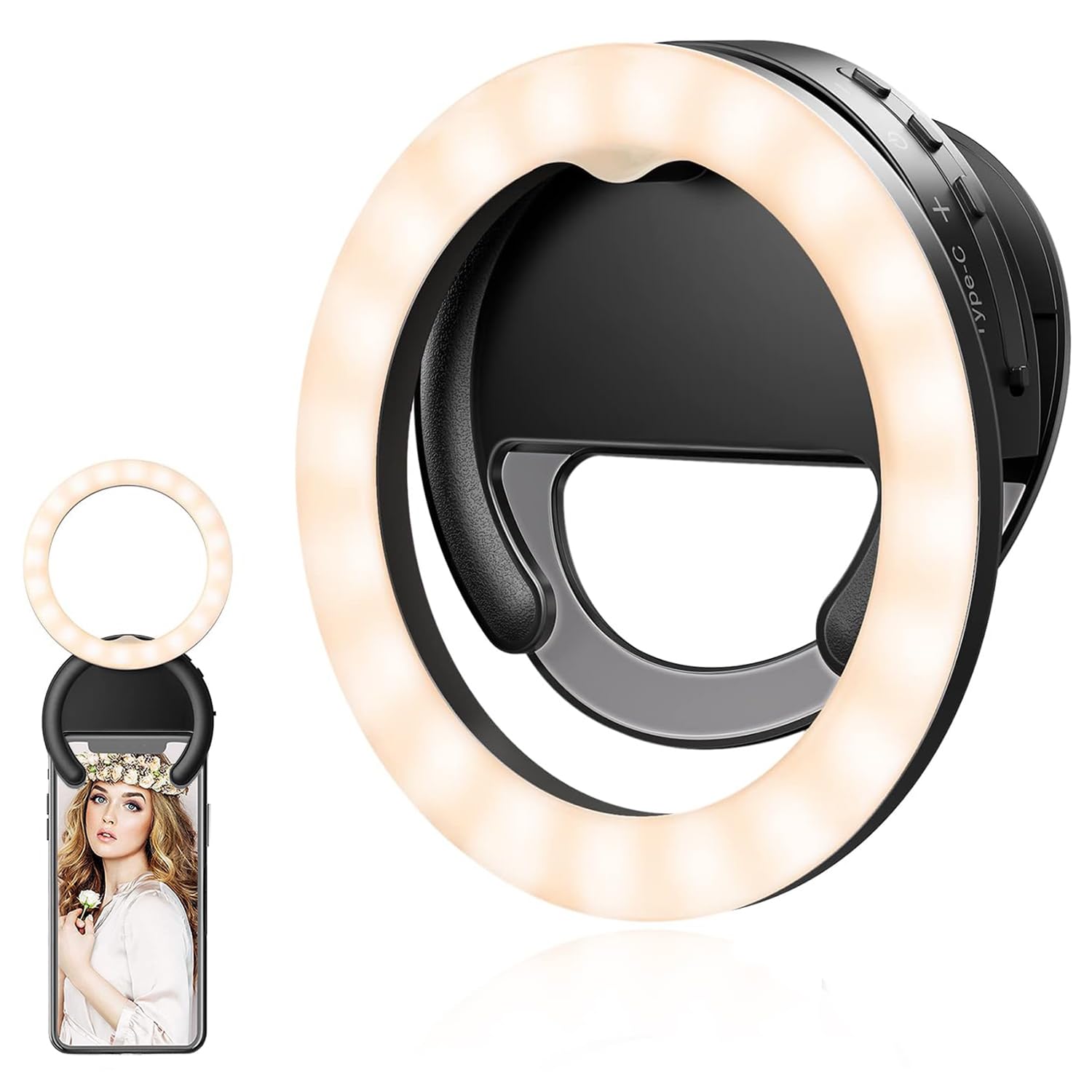 Angju 10cm Rotatable Selfie Ring Light for Phone, Rechargeable Clip-on Ring Light for Photo and Video, 3 Color Temperatures for Streaming, TikTok, Instagram, Zoom Meeting and Video Conference (Black)
