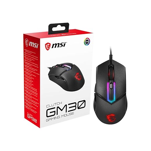 MSI Clutch GM30 Gaming Mouse, 6200 DPI, 20M Omron Switches, Optical Sensor, Ergonomic Design, Illuminated Scroll Wheel, RGB Mystic Light Compatible, PC/Mac
