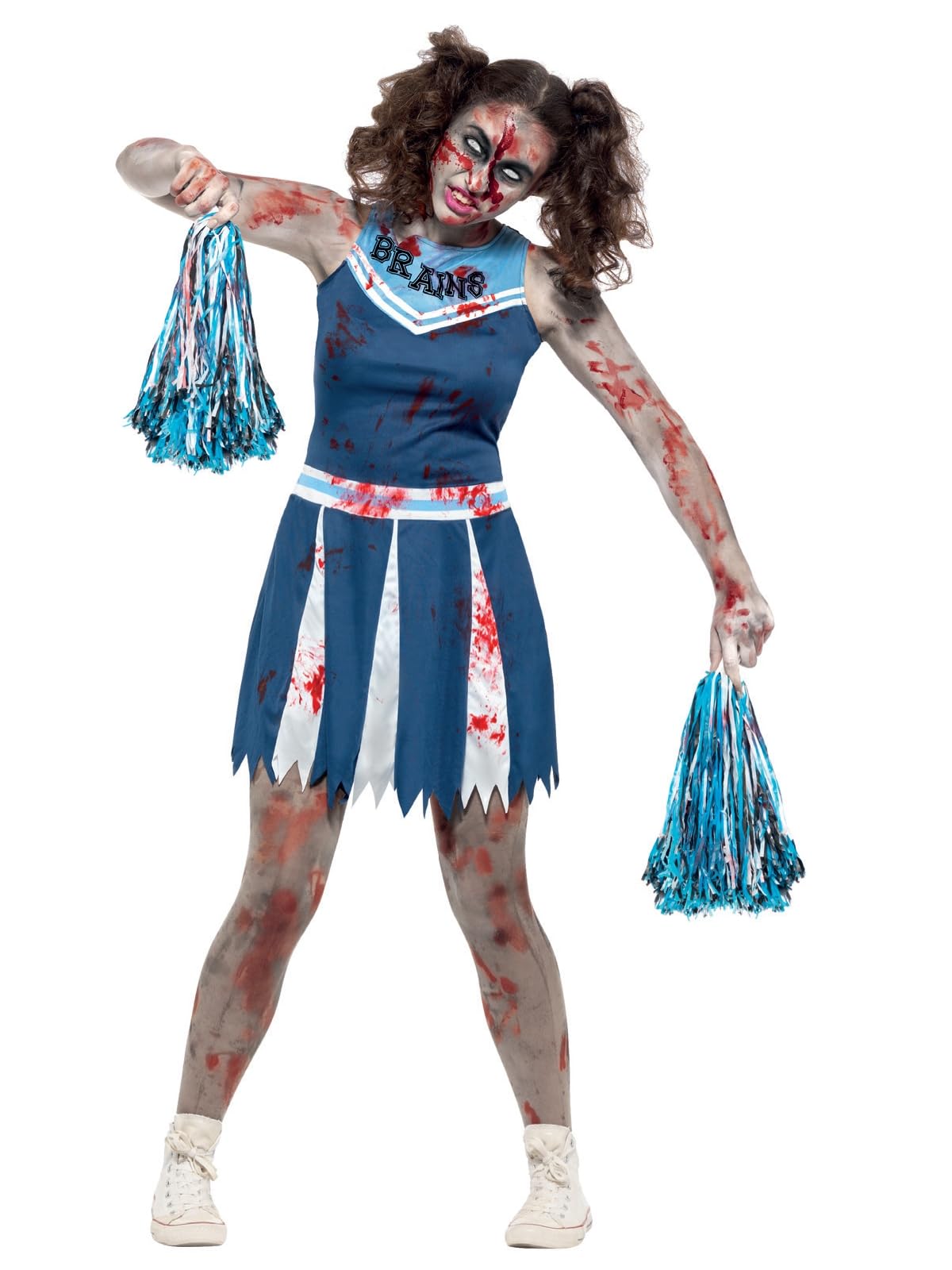 Smiffys Zombie Cheerleader Costume, Blue with Dress & Pom Poms, Halloween Adult Fancy Dress, Zombie Dress Up Costumes