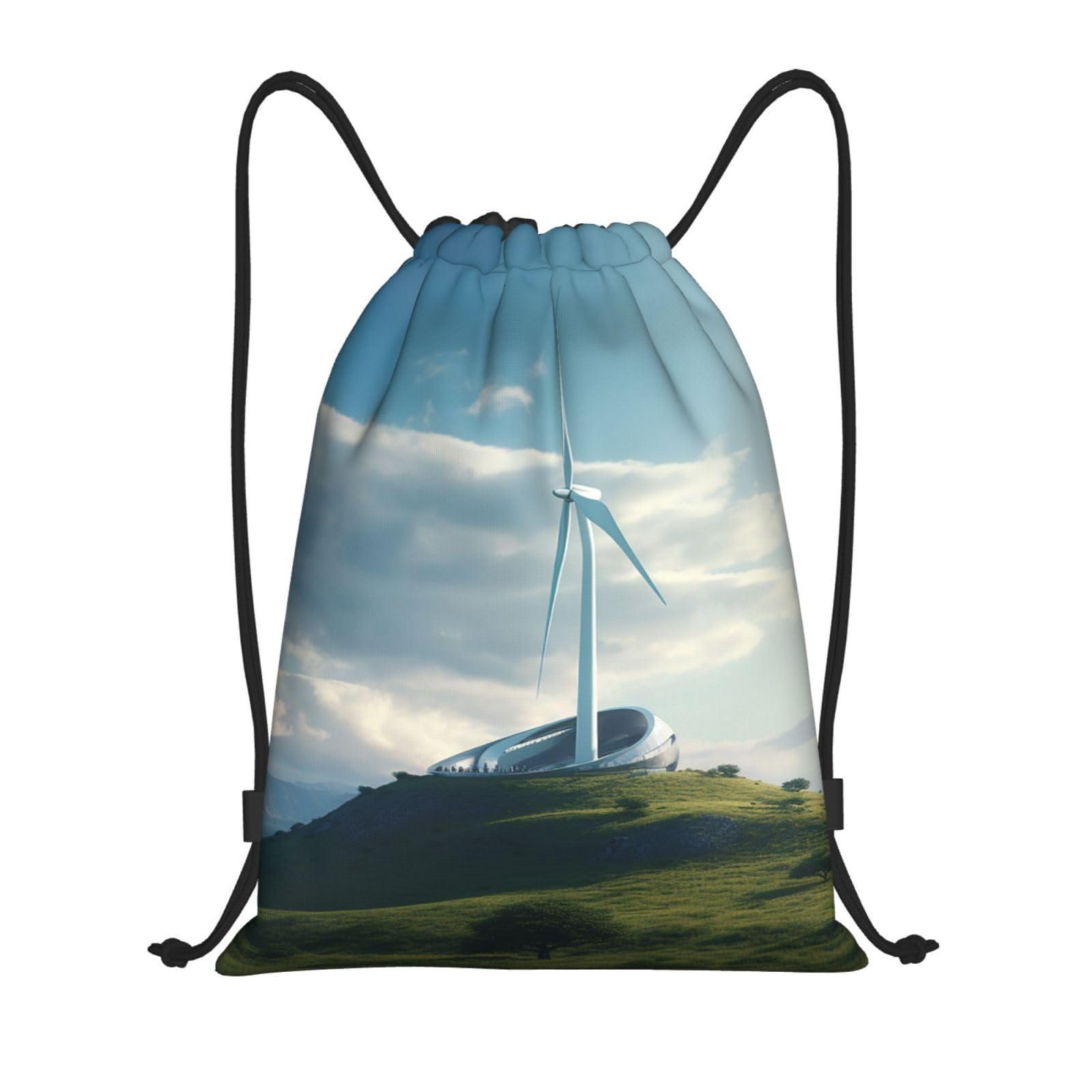 LHCVSFGW Drawstring Backpack Bags Waterproof String Bag Wind Turbine Sports Gym Sackpack Lightweight Cinch Sack, Black, M, Travel Backpacks