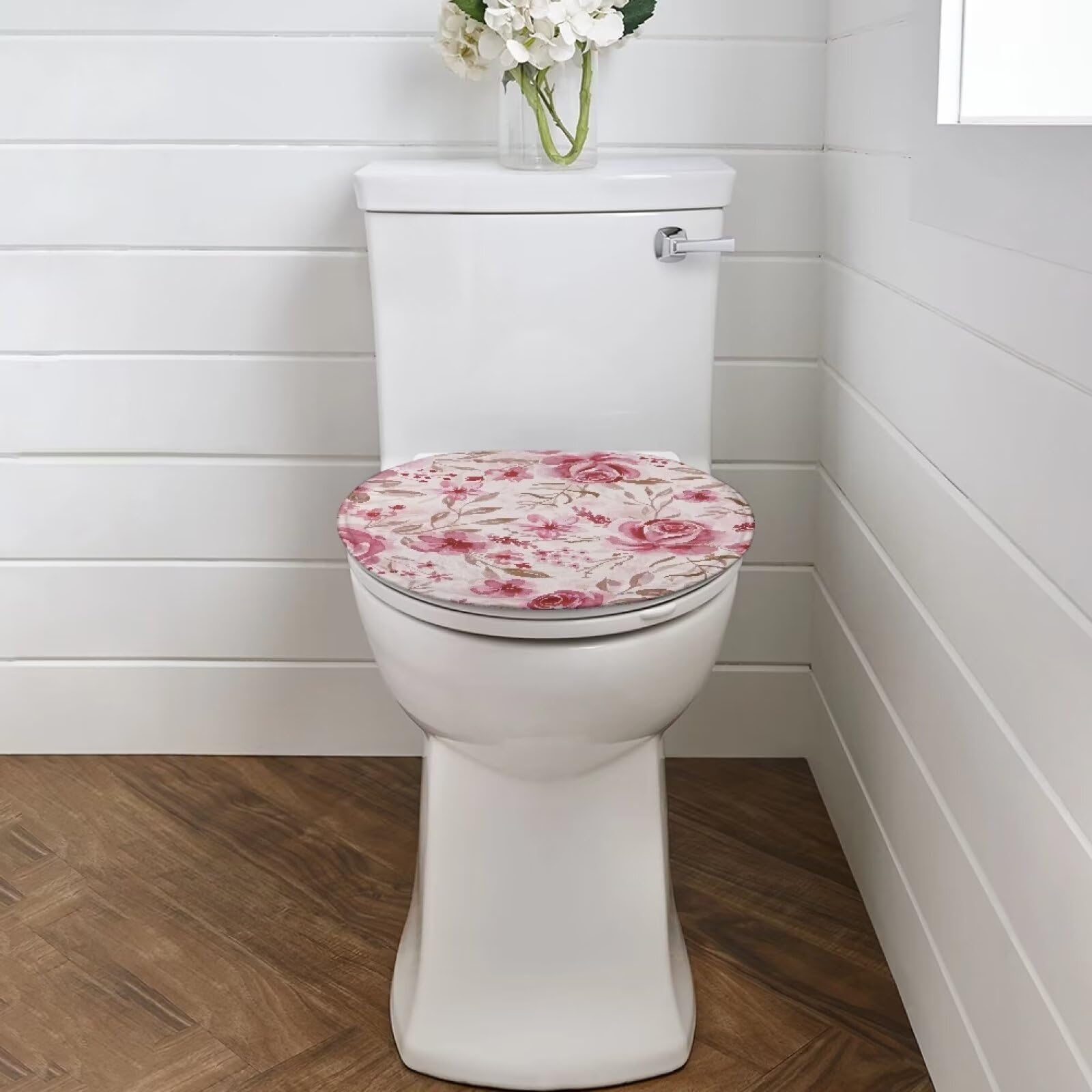 Bivxisrvo Pink Rose Toilet Tank Lid Cover Polyester Fabric Toilet Cover Elastic Edges Seat Covers Soft and Breathable Toilet Lid Covers for Bathroom Fits Most Toilet Lids